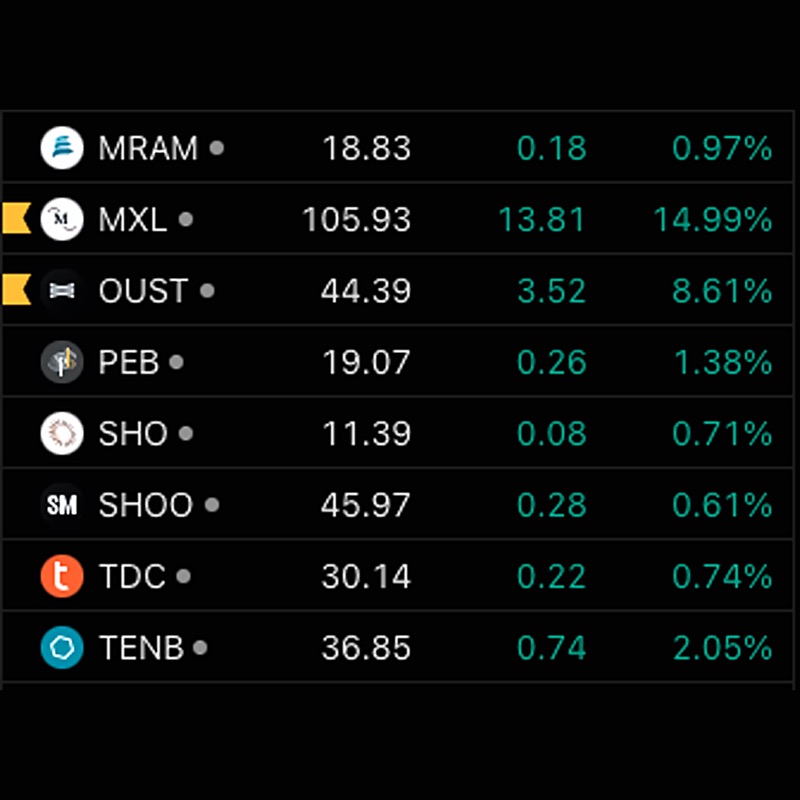 Daily screener output listing tickers that pass the filters, with price and percent change